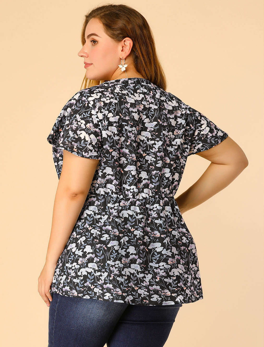 Women's Plus Size Floral Tops Elastic Waist Lightweight Chiffon Blouses Summer Top