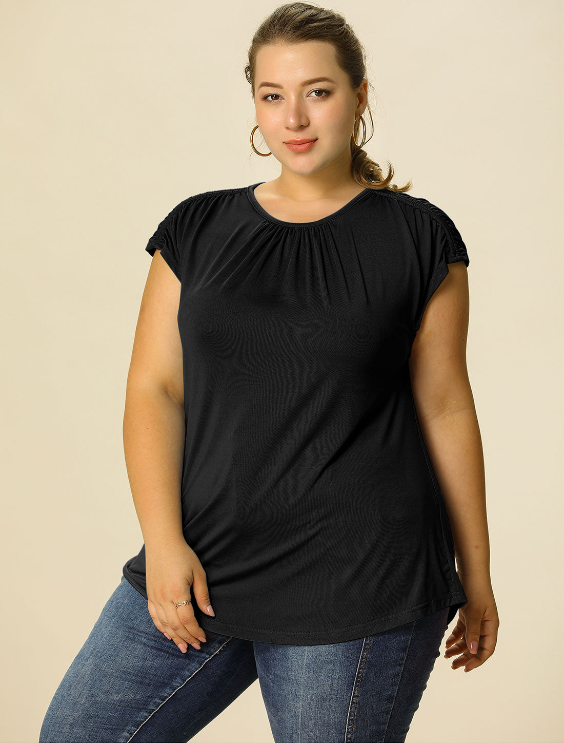 Women's Plus Size Blouse Ruched Round Neck Casual Short Sleeves Top