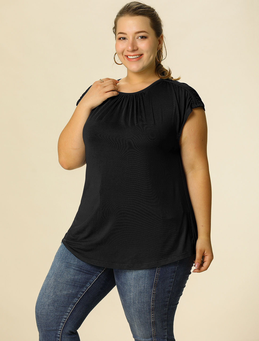Women's Plus Size Blouse Ruched Round Neck Casual Short Sleeves Top