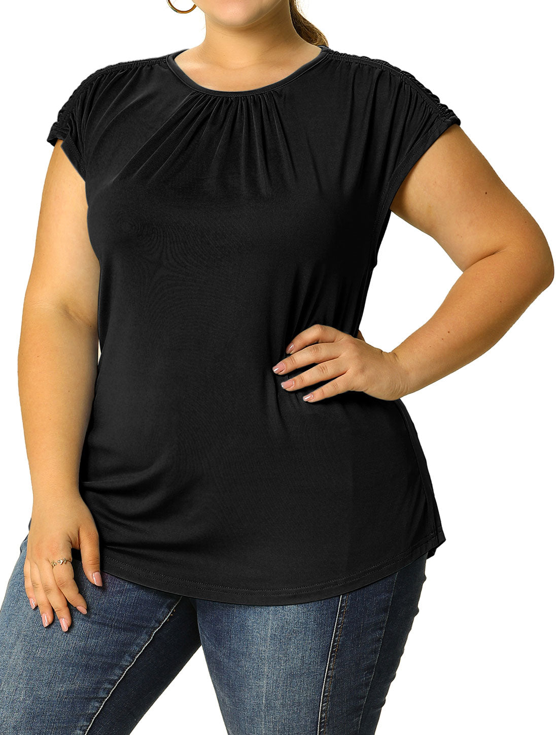 Women's Plus Size Blouse Ruched Round Neck Casual Short Sleeves Top