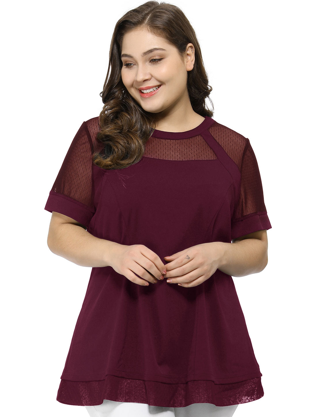 Women's Plus Size Round Neck Peplum Short Sleeve Mesh Sheer Blouse Summer Top
