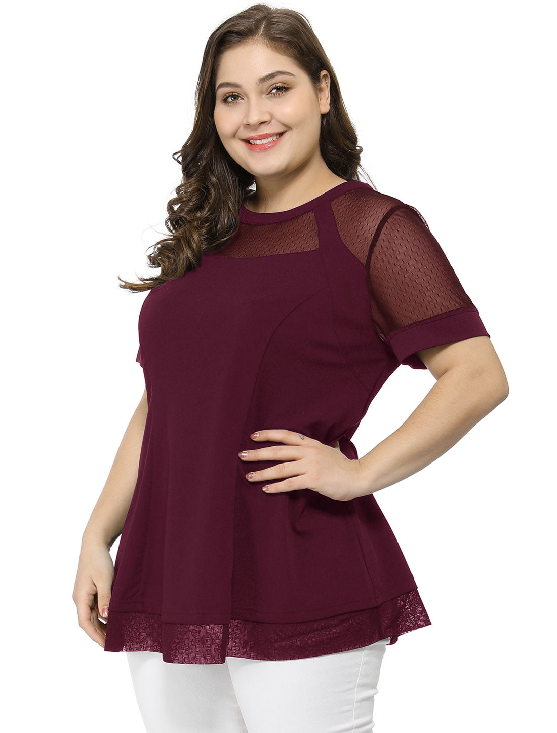 Women's Plus Size Round Neck Peplum Short Sleeve Mesh Sheer Blouse Summer Top