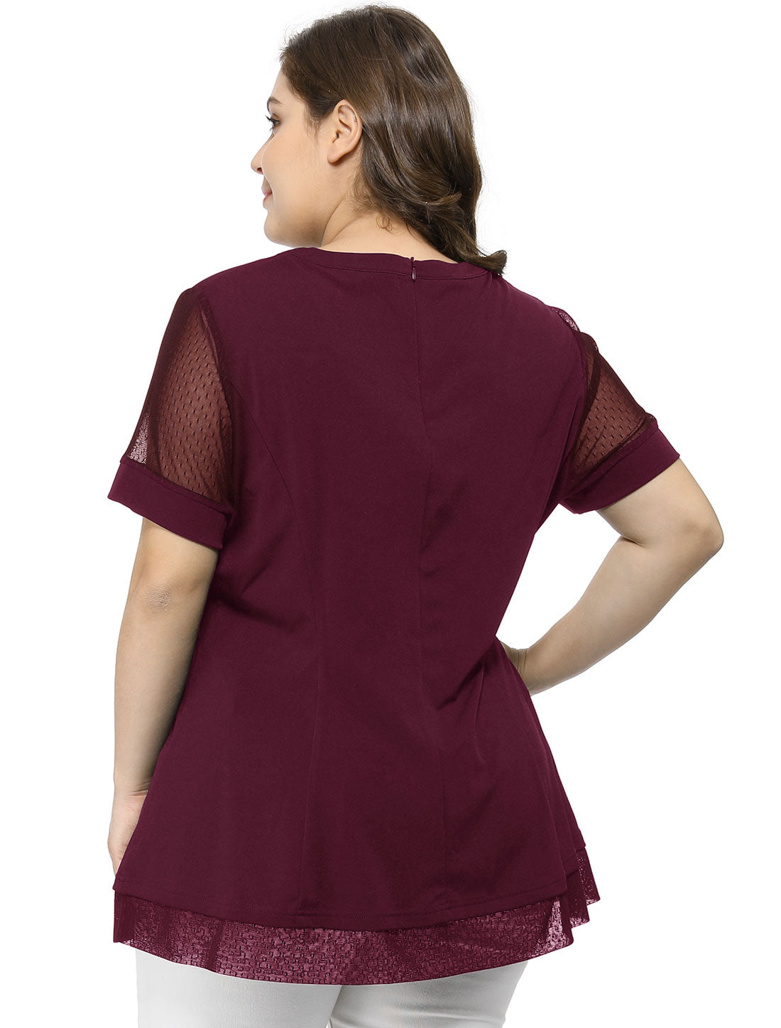 Women's Plus Size Round Neck Peplum Short Sleeve Mesh Sheer Blouse Summer Top