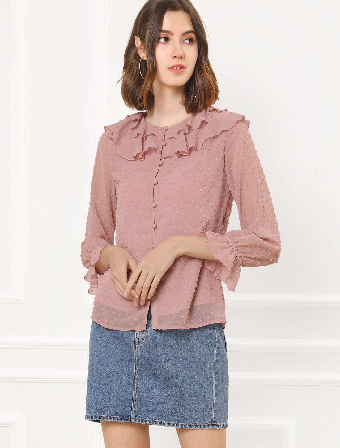 Women's Swiss Dots Bracelet Sleeves Chiffon Boho Ruffle Neck Blouse