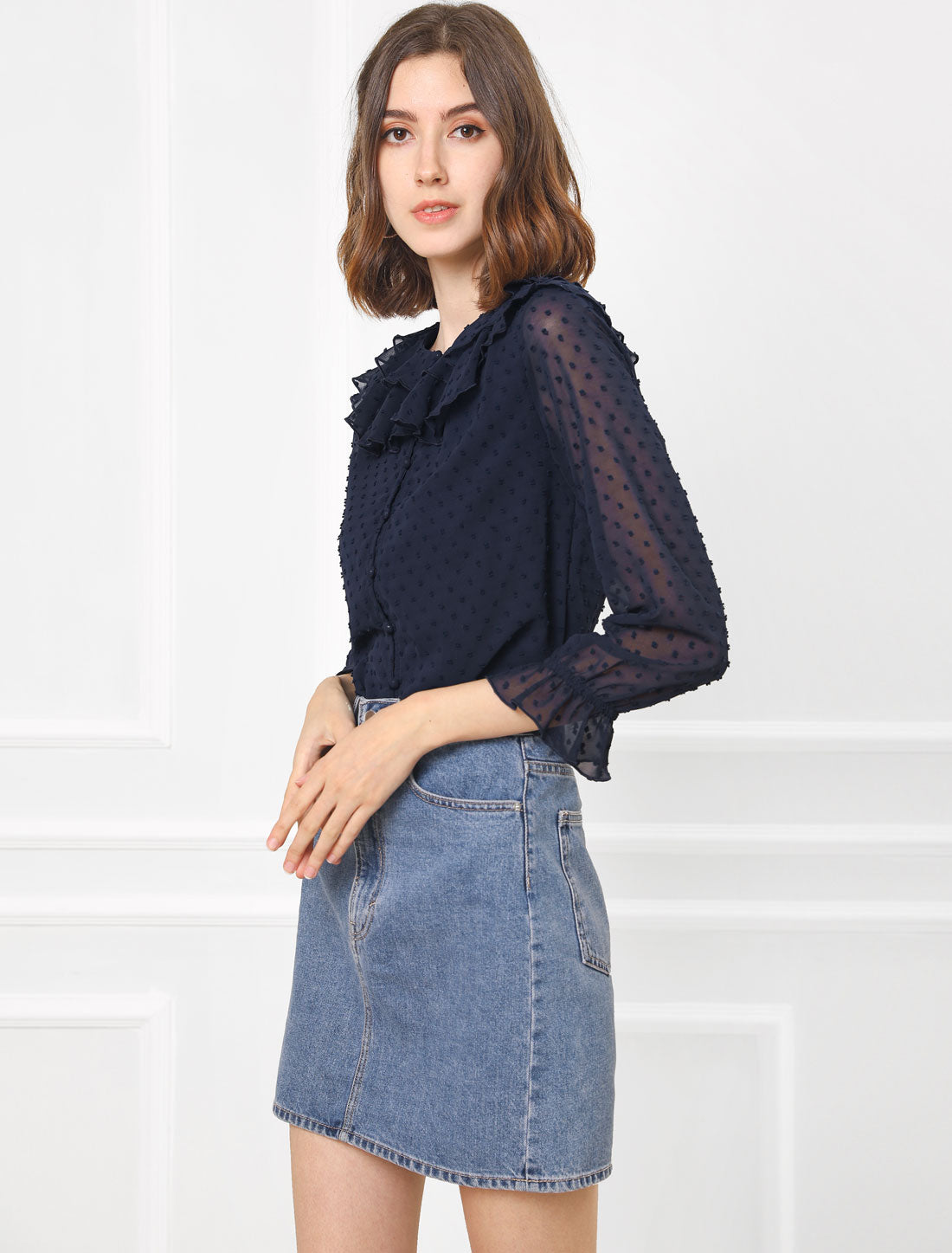 Women's Swiss Dots Bracelet Sleeves Chiffon Boho Ruffle Neck Blouse