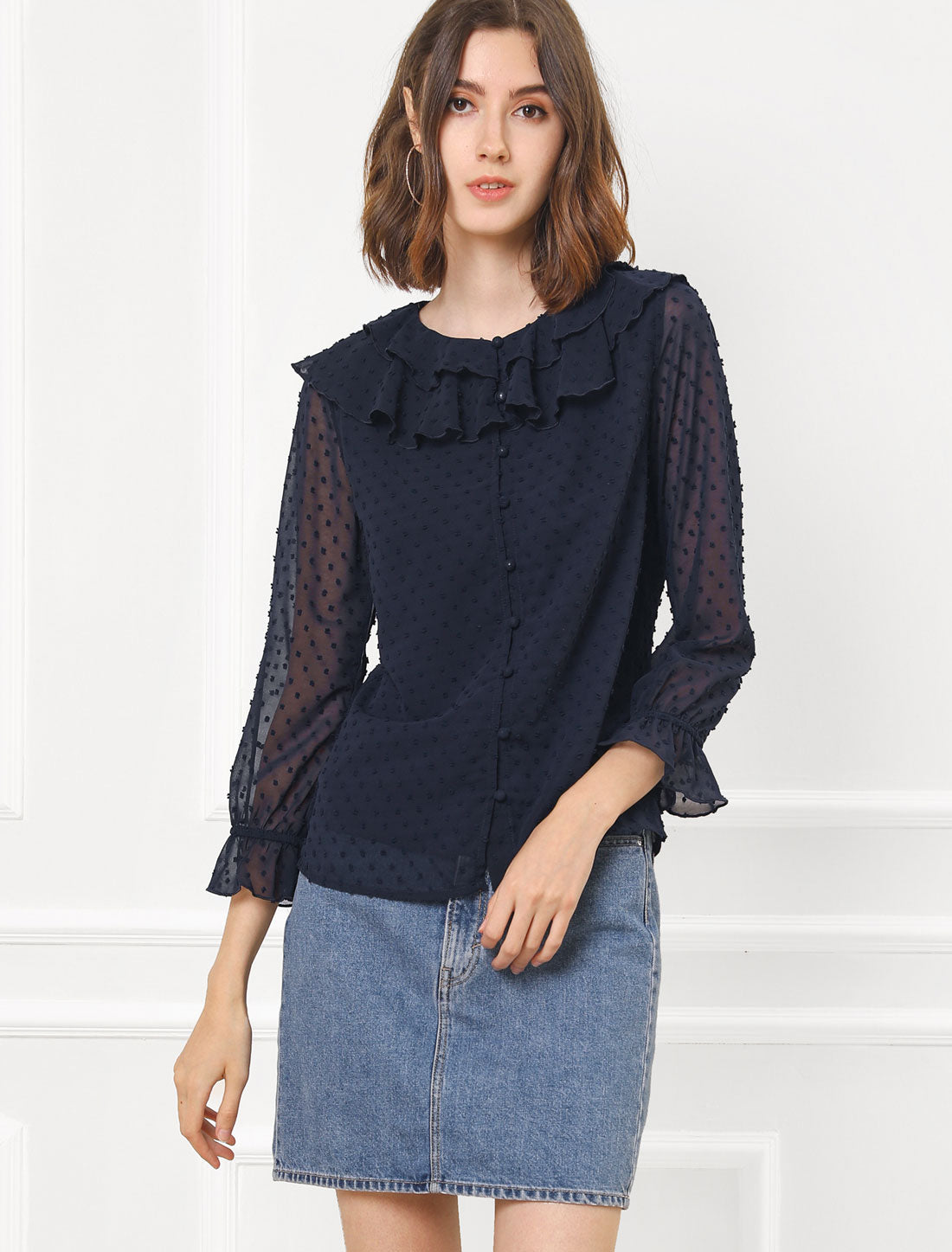 Women's Swiss Dots Bracelet Sleeves Chiffon Boho Ruffle Neck Blouse