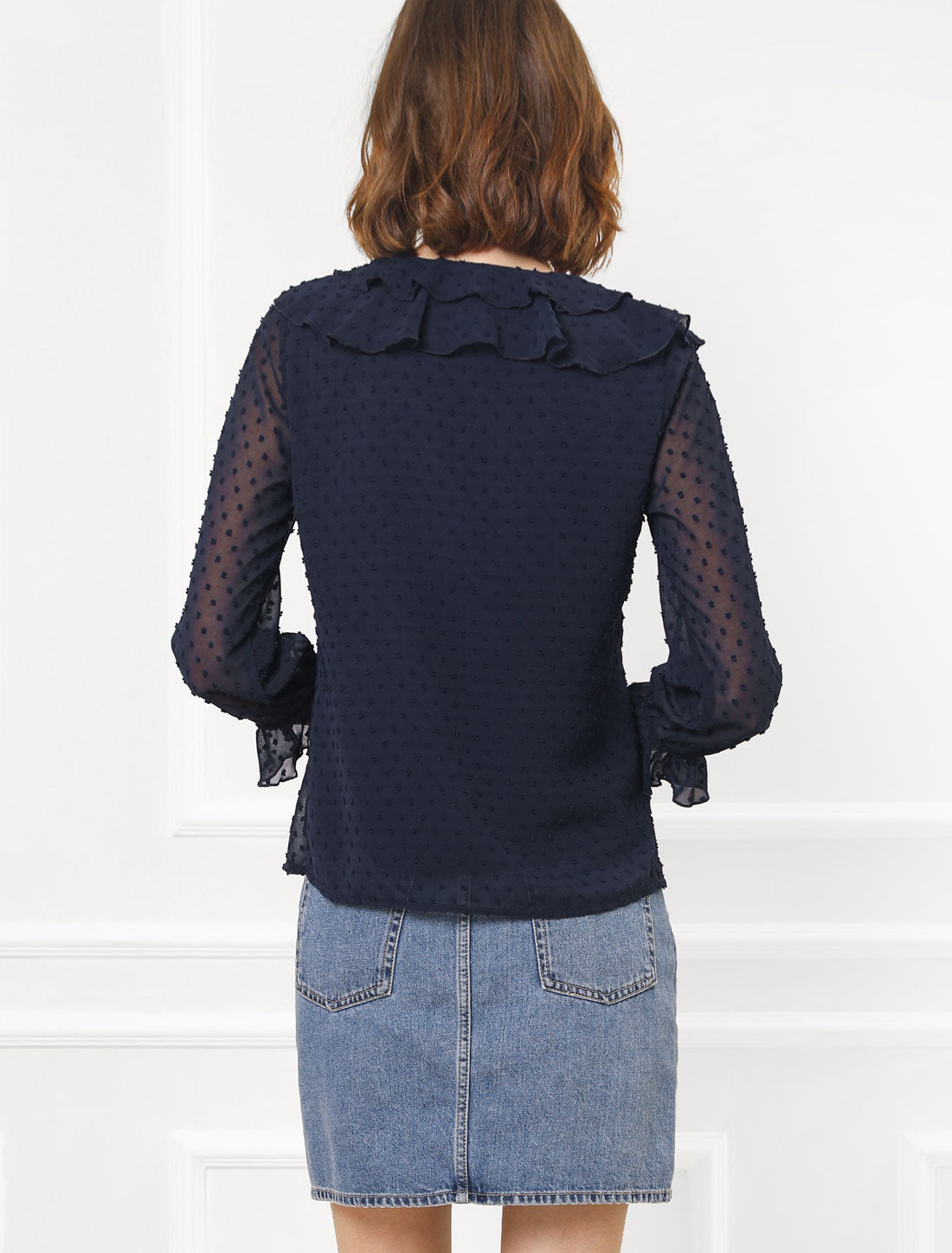 Women's Swiss Dots Bracelet Sleeves Chiffon Boho Ruffle Neck Blouse