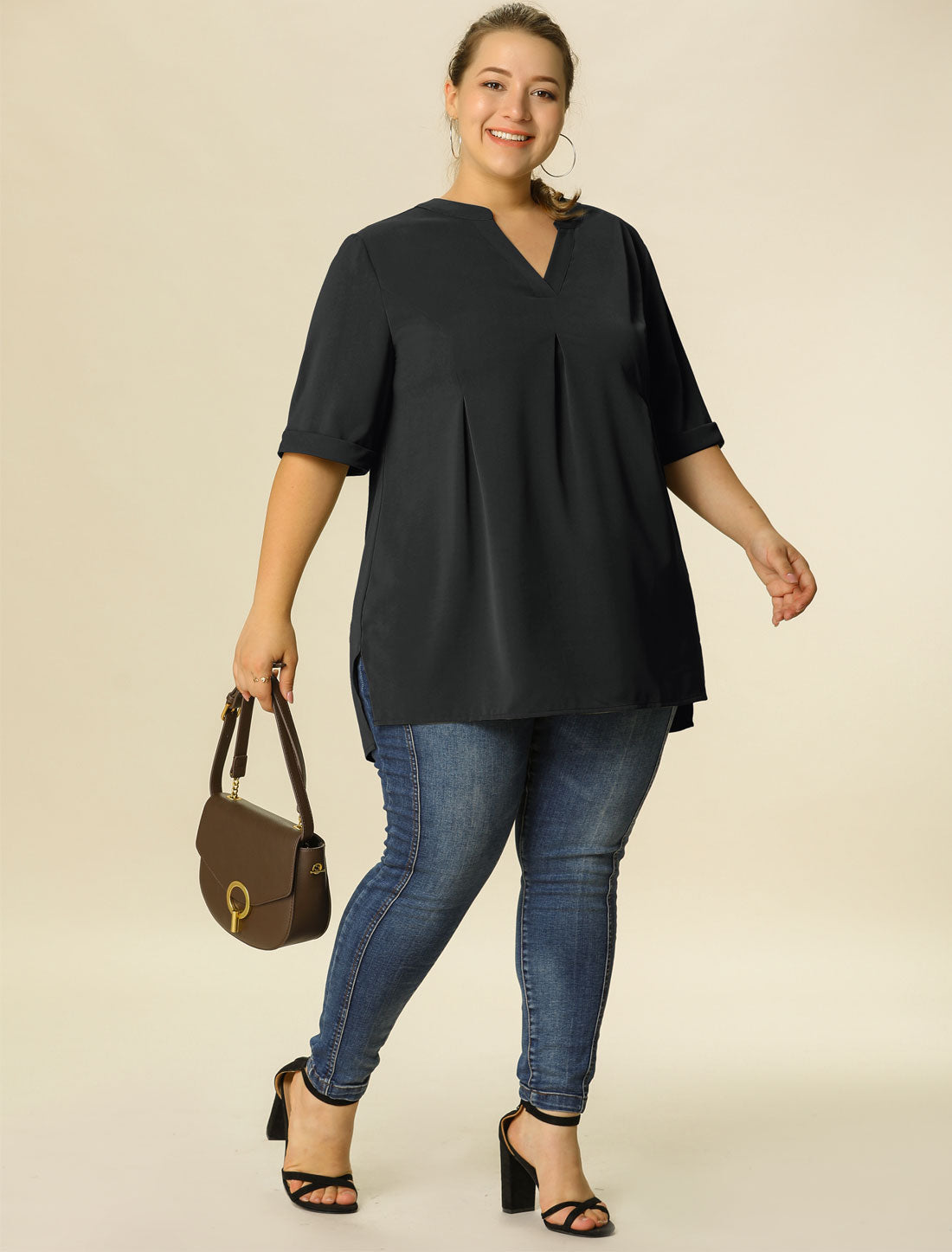 Women's Plus Size Blouse V Neck Casual Solid Blouses 1/2 Sleeve Tunic Top