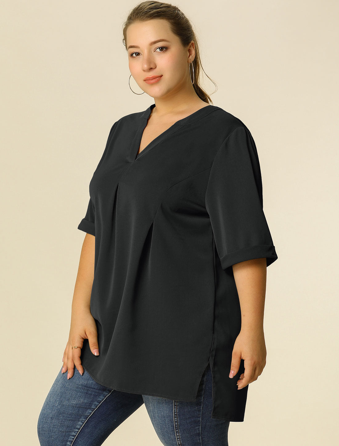 Women's Plus Size Blouse V Neck Casual Solid Blouses 1/2 Sleeve Tunic Top