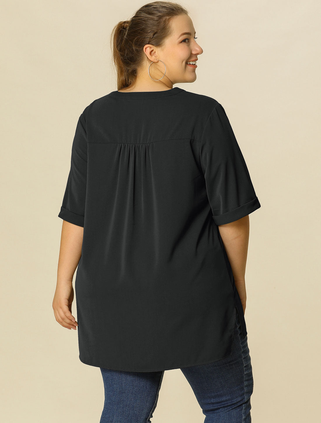 Women's Plus Size Blouse V Neck Casual Solid Blouses 1/2 Sleeve Tunic Top