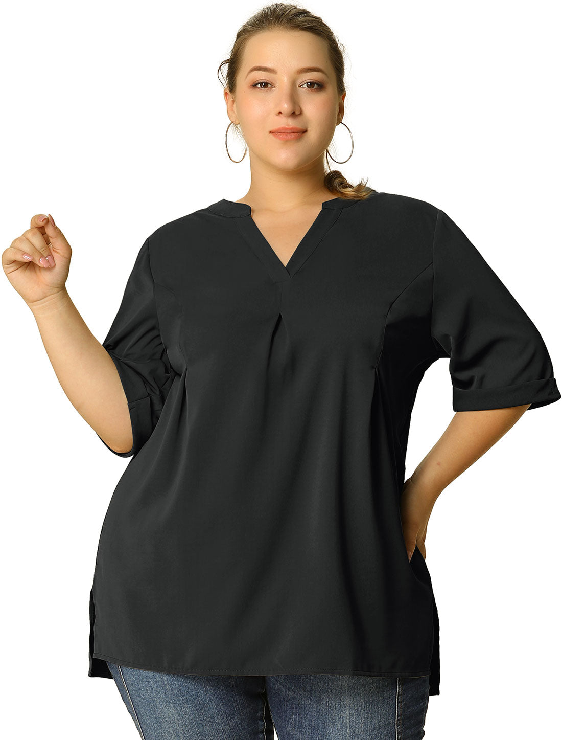 Women's Plus Size Blouse V Neck Casual Solid Blouses 1/2 Sleeve Tunic Top
