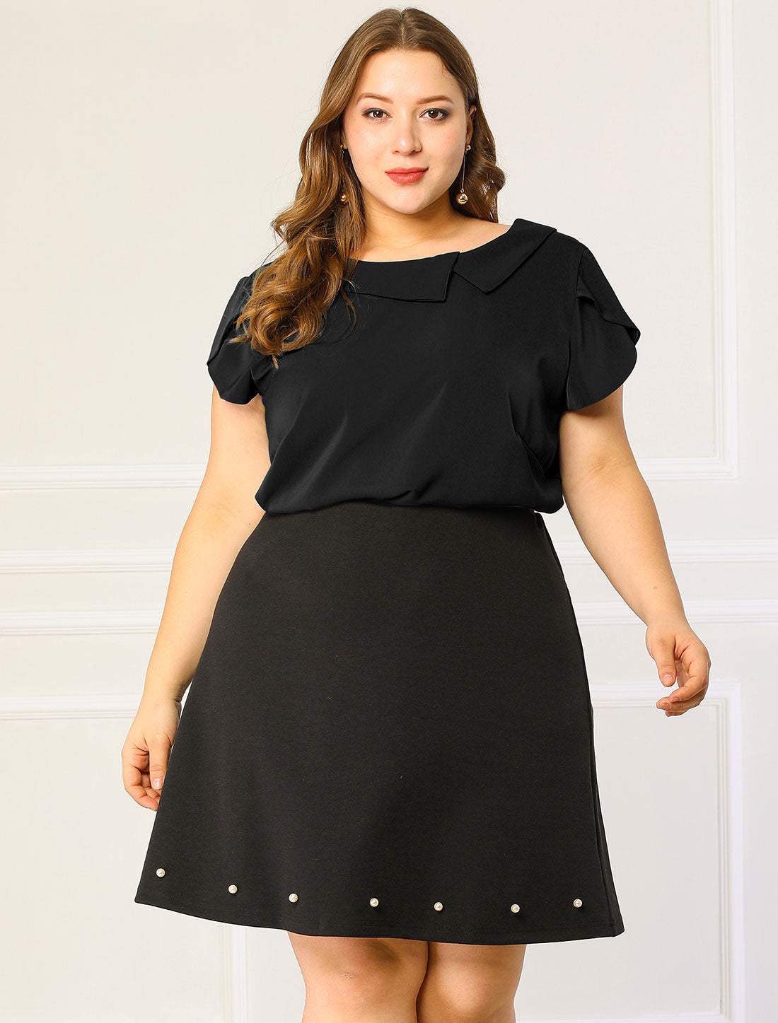 Women Plus Size Boat Lapel Neck Short Sleeve Chiffon Blouse Summer Top