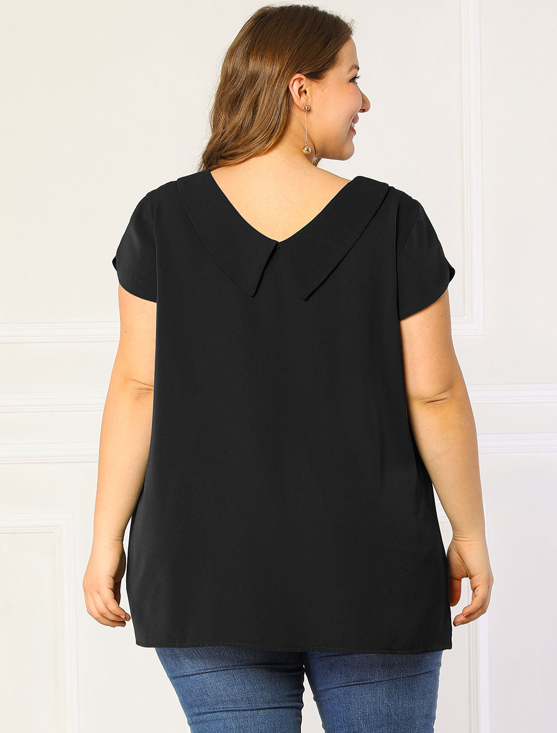 Women Plus Size Boat Lapel Neck Short Sleeve Chiffon Blouse Summer Top