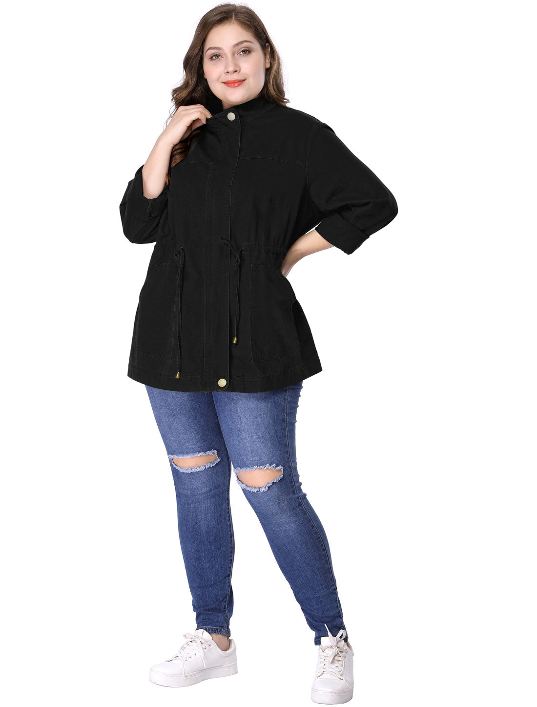Women's Plus Size Jackets Lightweight Anorak Drawstring Utility Jacket with Pockets