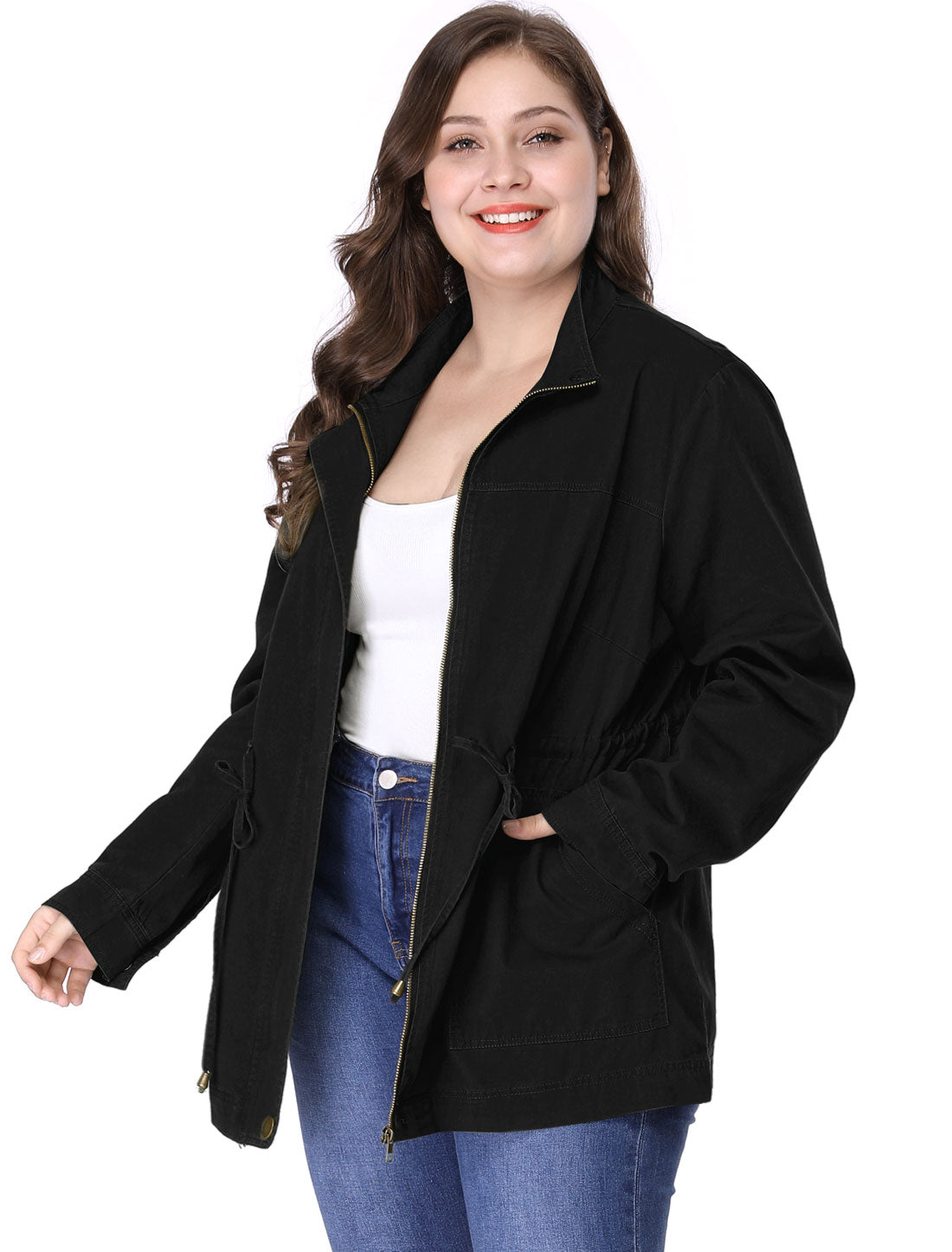 Women's Plus Size Jackets Lightweight Anorak Drawstring Utility Jacket with Pockets