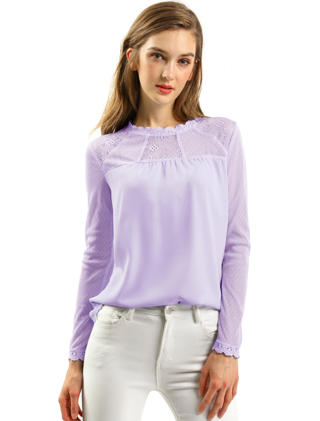 Women's Chiffon Top Elegant Sheer Mesh Lace Long Sleeve Blouse