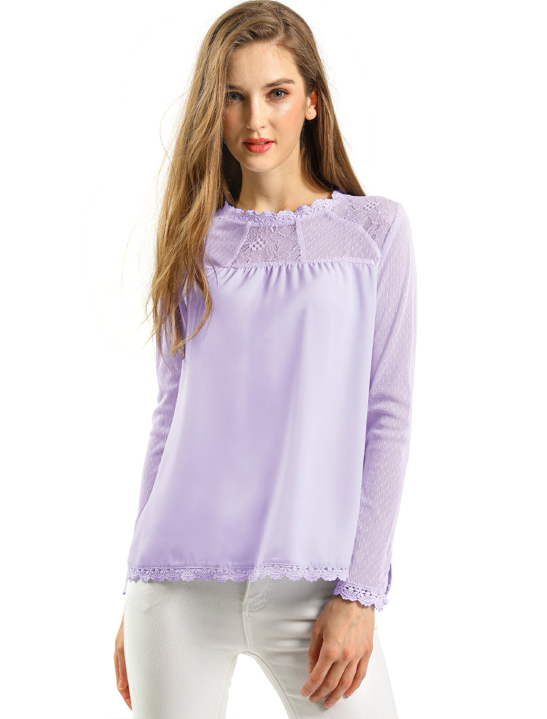 Women's Chiffon Top Elegant Sheer Mesh Lace Long Sleeve Blouse