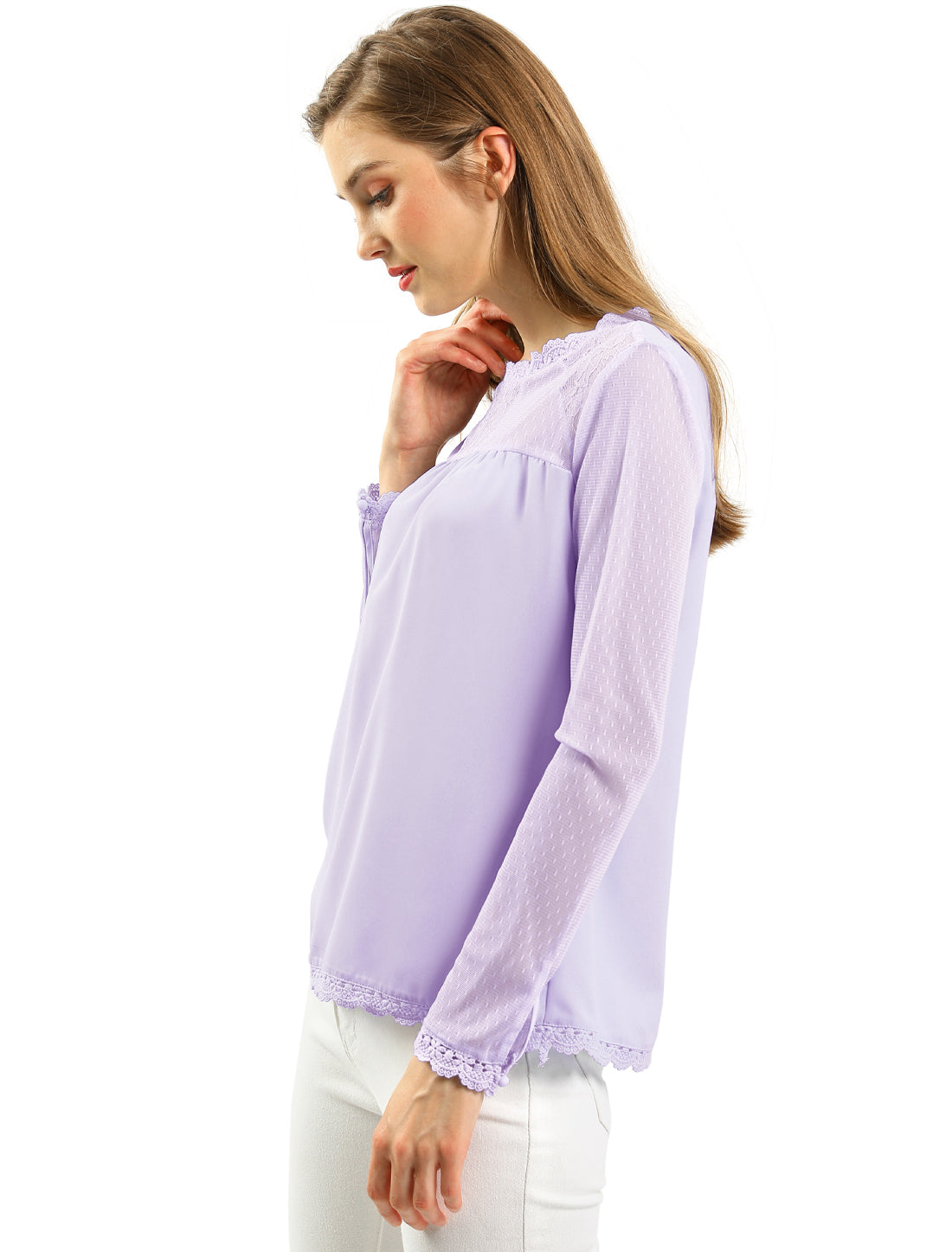 Women's Chiffon Top Elegant Sheer Mesh Lace Long Sleeve Blouse