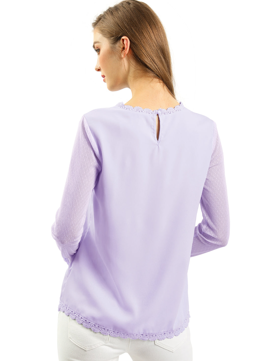 Women's Chiffon Top Elegant Sheer Mesh Lace Long Sleeve Blouse