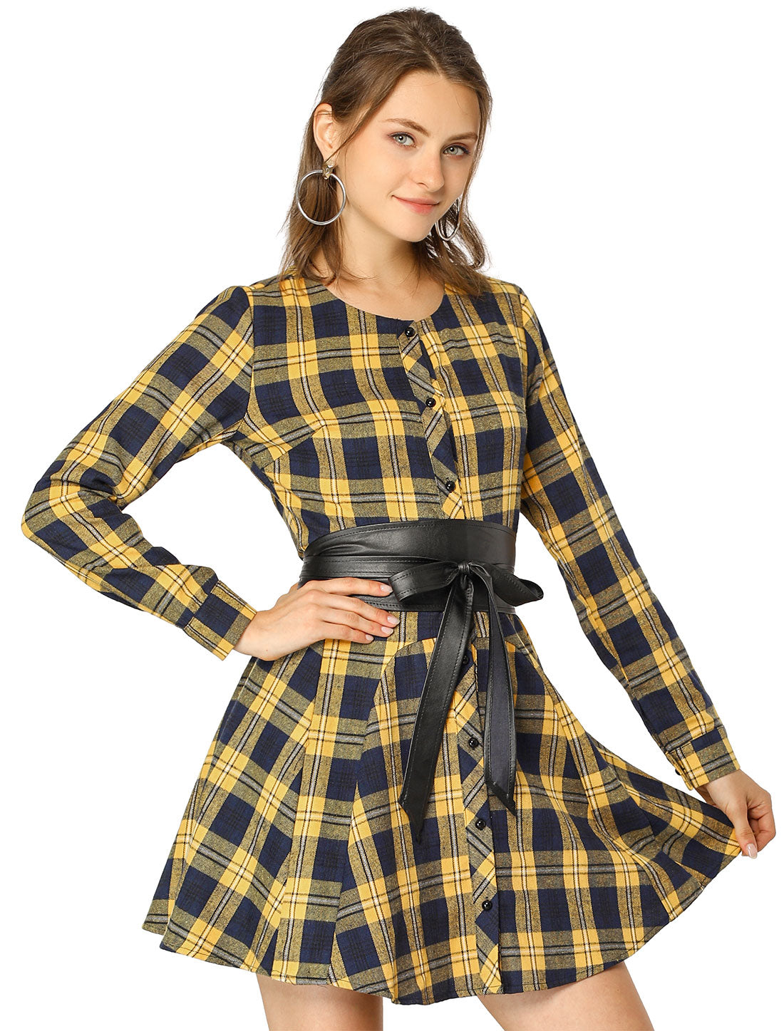 Women's Plaid Long Sleeve Button Down Belted Mini Shirtdress