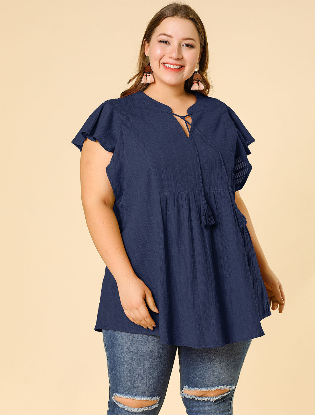 Women Plus Size V Neck Tassel Self Tie Flutter Short Sleeve Blouse Flowy Summer Top
