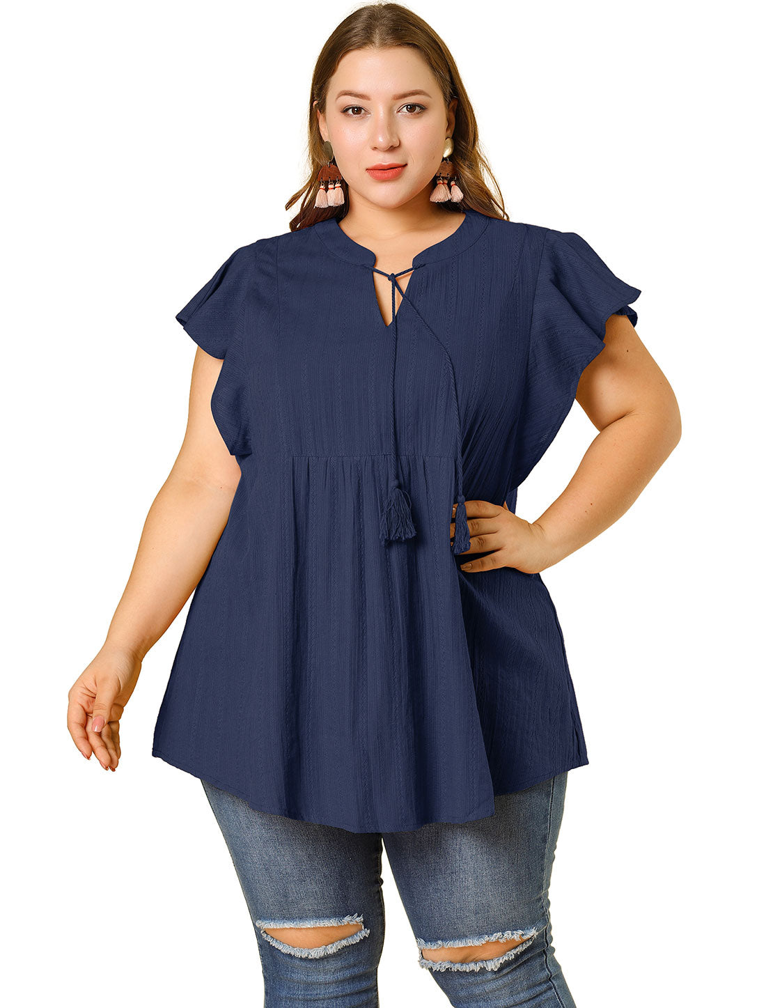 Women Plus Size V Neck Tassel Self Tie Flutter Short Sleeve Blouse Flowy Summer Top