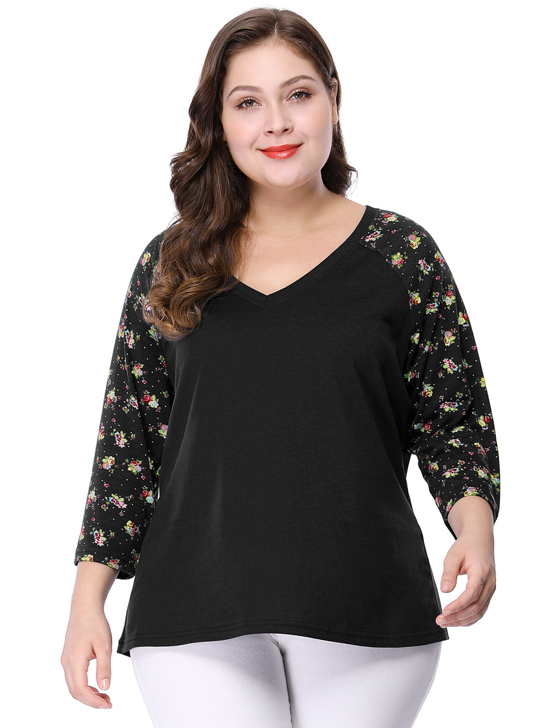 Women's Plus Size Top Casual V Neck 3/4 Sleeve Floral Raglan Top T-Shirt
