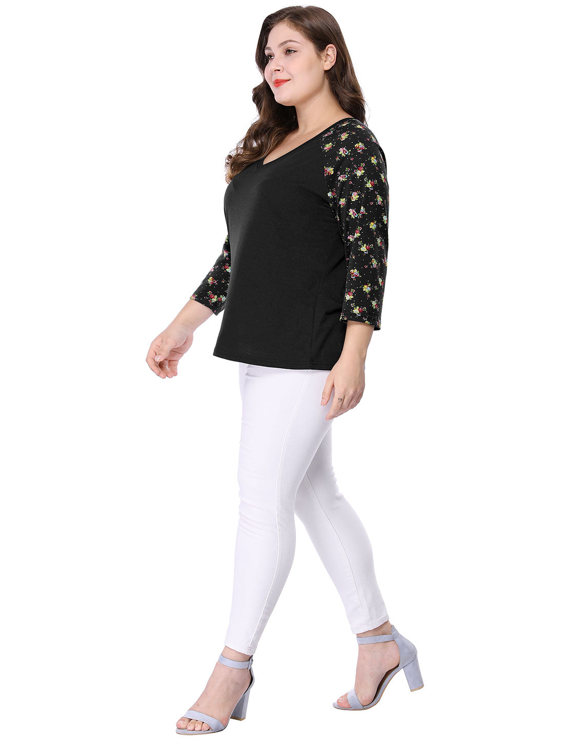 Women's Plus Size Top Casual V Neck 3/4 Sleeve Floral Raglan Top T-Shirt