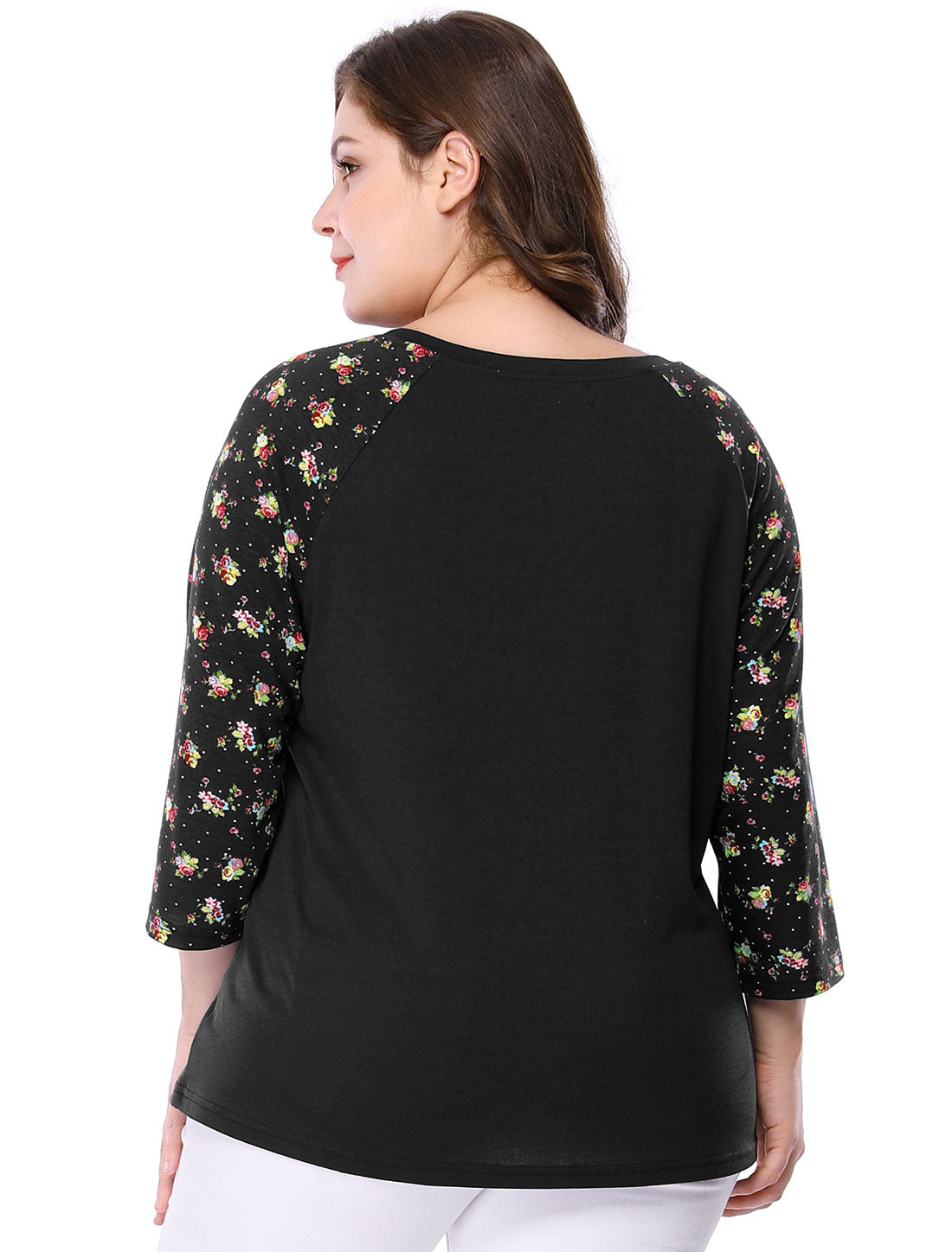 Women's Plus Size Top Casual V Neck 3/4 Sleeve Floral Raglan Top T-Shirt
