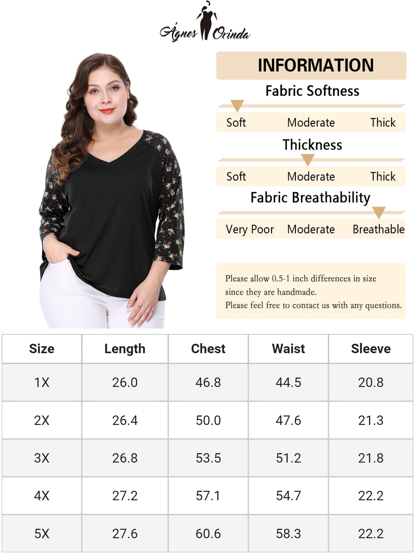 Women's Plus Size Top Casual V Neck 3/4 Sleeve Floral Raglan Top T-Shirt