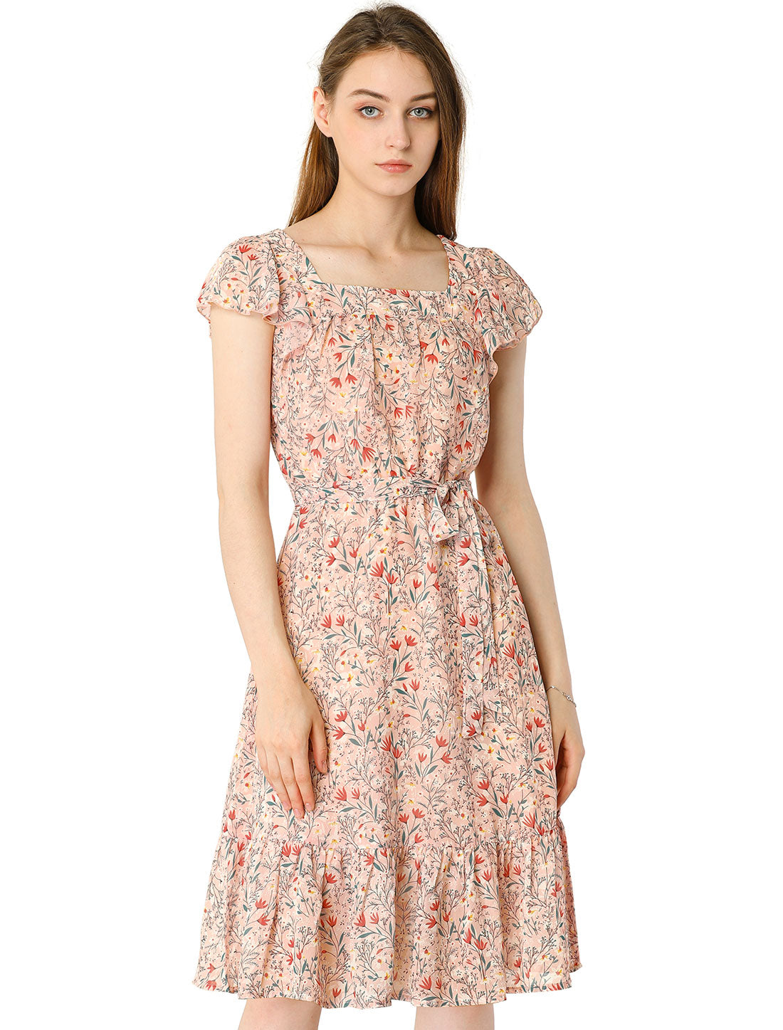 Women's Midi Floral Chiffon Dress Flutter Sleeve Belted Square Neck Ruffled Dress (Available in Plus Size)