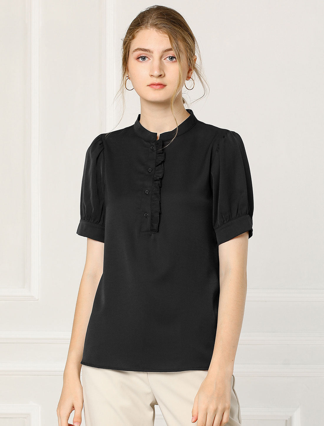 Women's Retrp Workwear Half Placket Puff Sleeve Ruffled Blouse Top