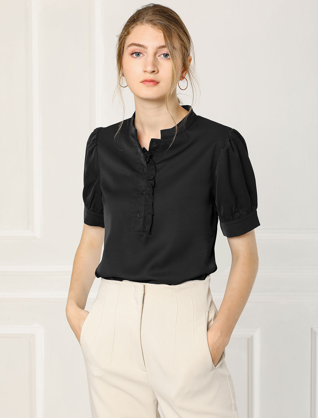 Women's Retrp Workwear Half Placket Puff Sleeve Ruffled Blouse Top