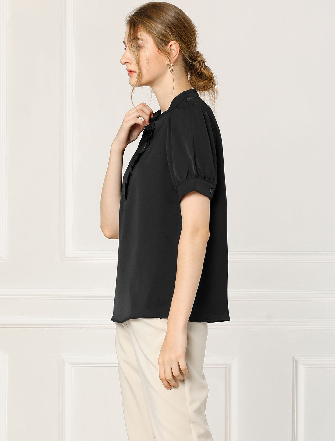 Women's Retrp Workwear Half Placket Puff Sleeve Ruffled Blouse Top