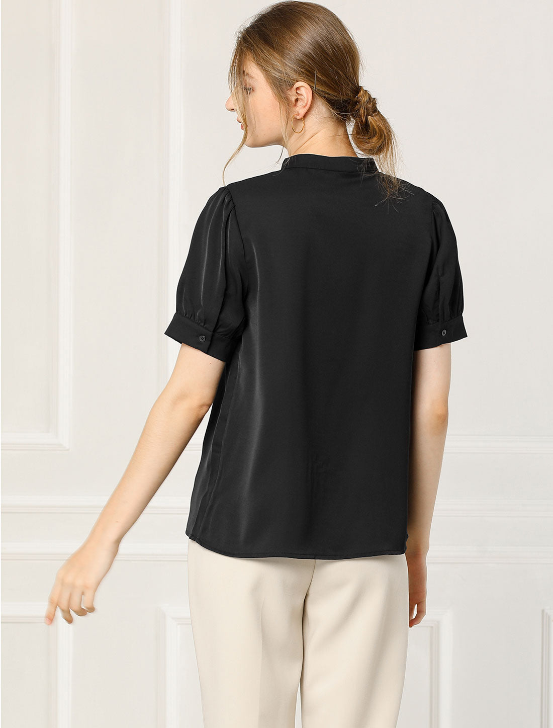 Women's Retrp Workwear Half Placket Puff Sleeve Ruffled Blouse Top