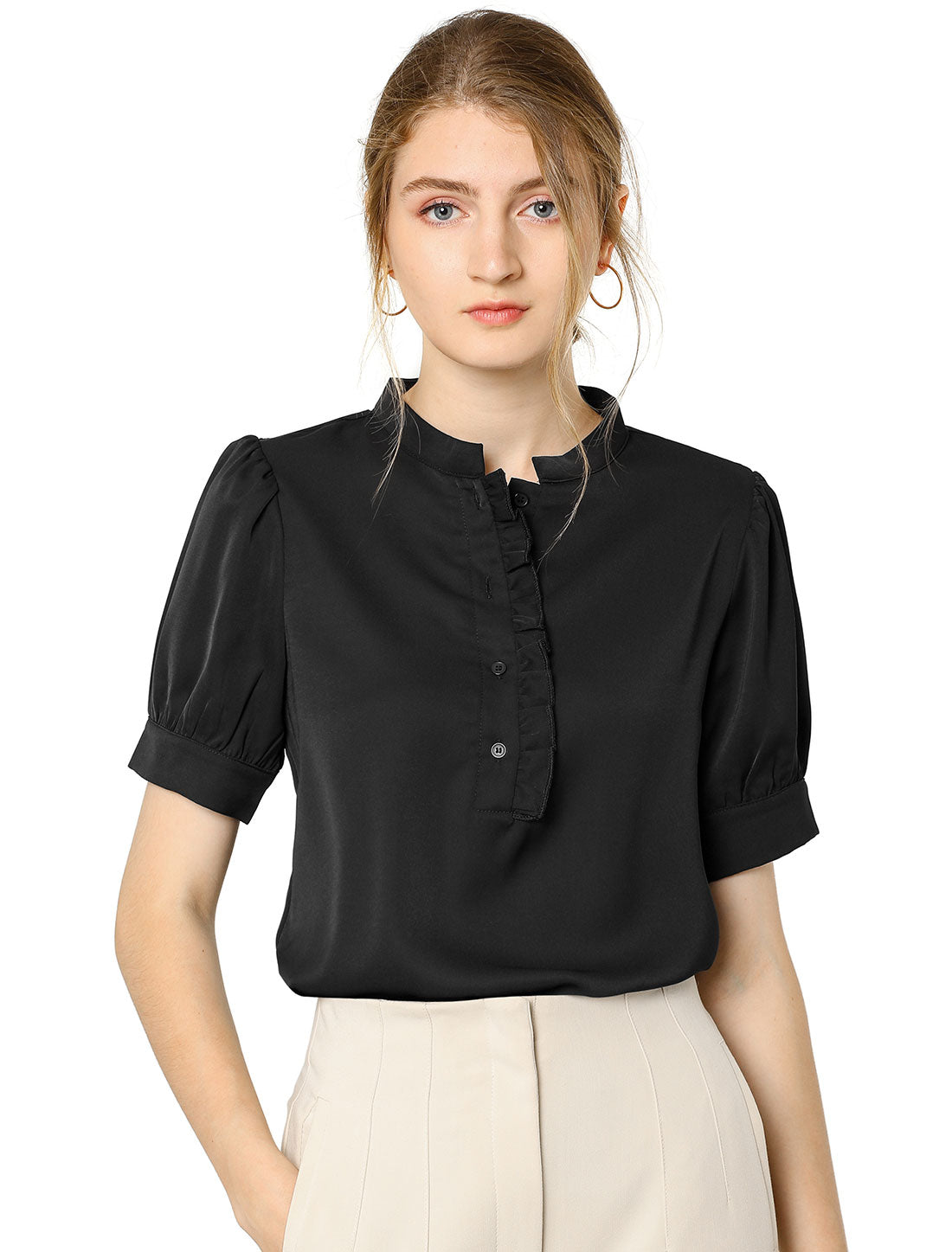 Women's Retrp Workwear Half Placket Puff Sleeve Ruffled Blouse Top
