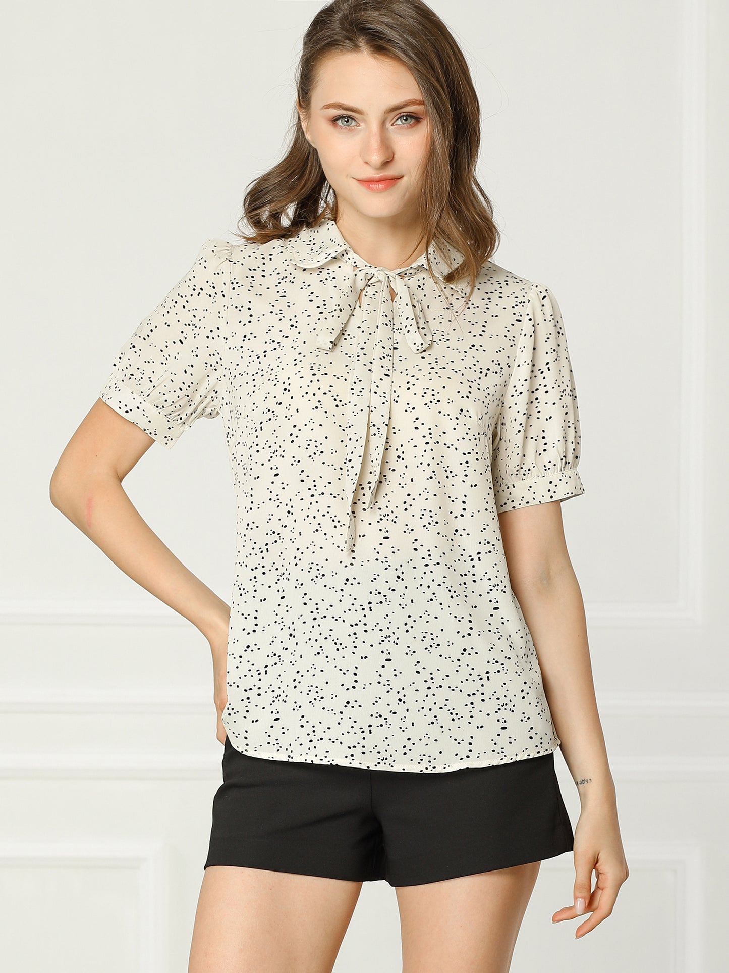 Women's Retro Printed Bow Tie Peter Pan Collar Chiffon Blouse Shirt (Available in Plus Size)