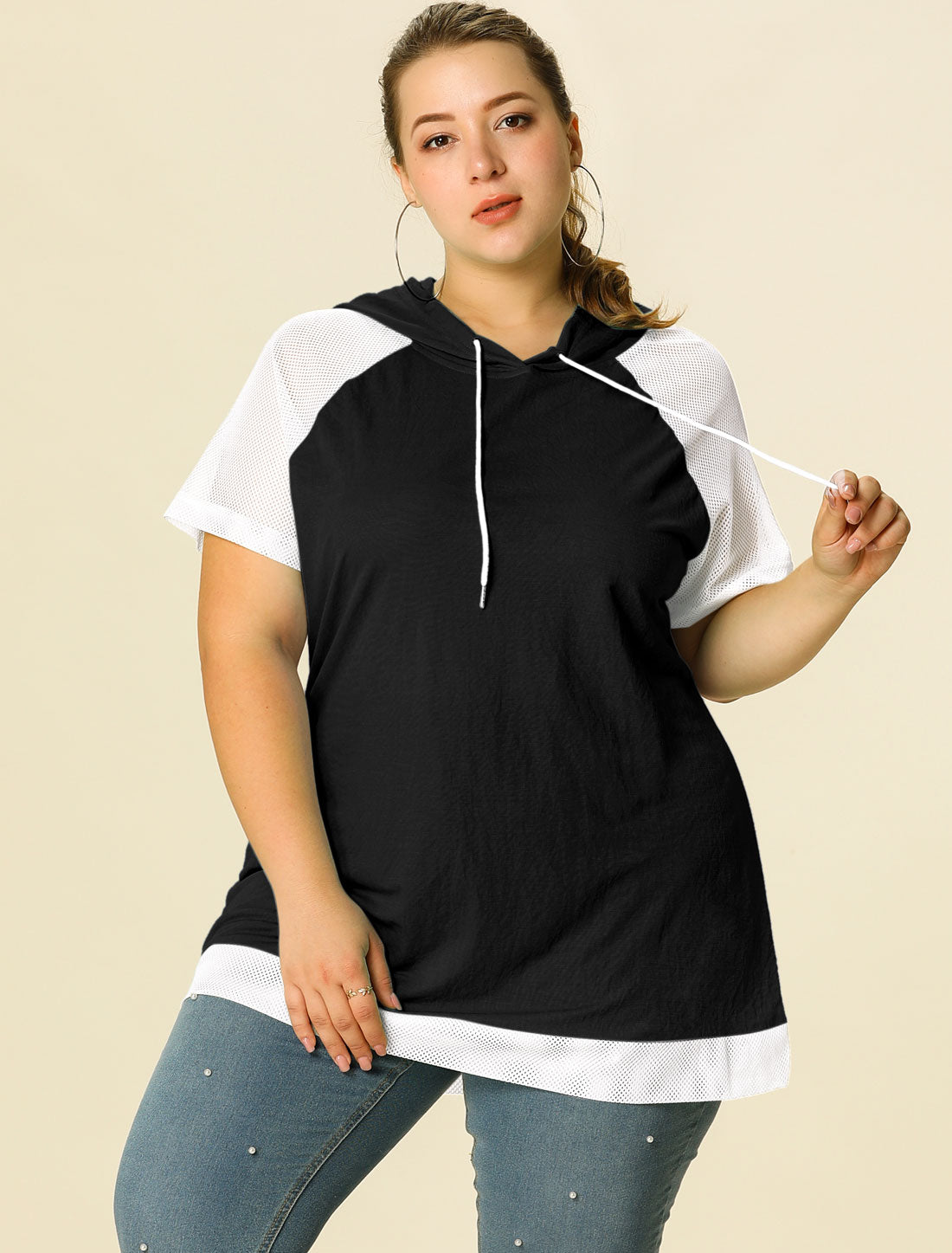 Women's Plus Size Hoodie Raglan Short Sleeves Sport Drawstring Hoodies Loose Casual Summer Top