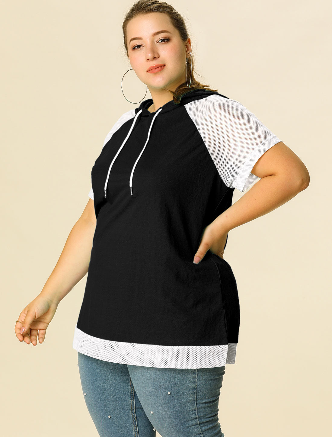 Women's Plus Size Hoodie Raglan Short Sleeves Sport Drawstring Hoodies Loose Casual Summer Top