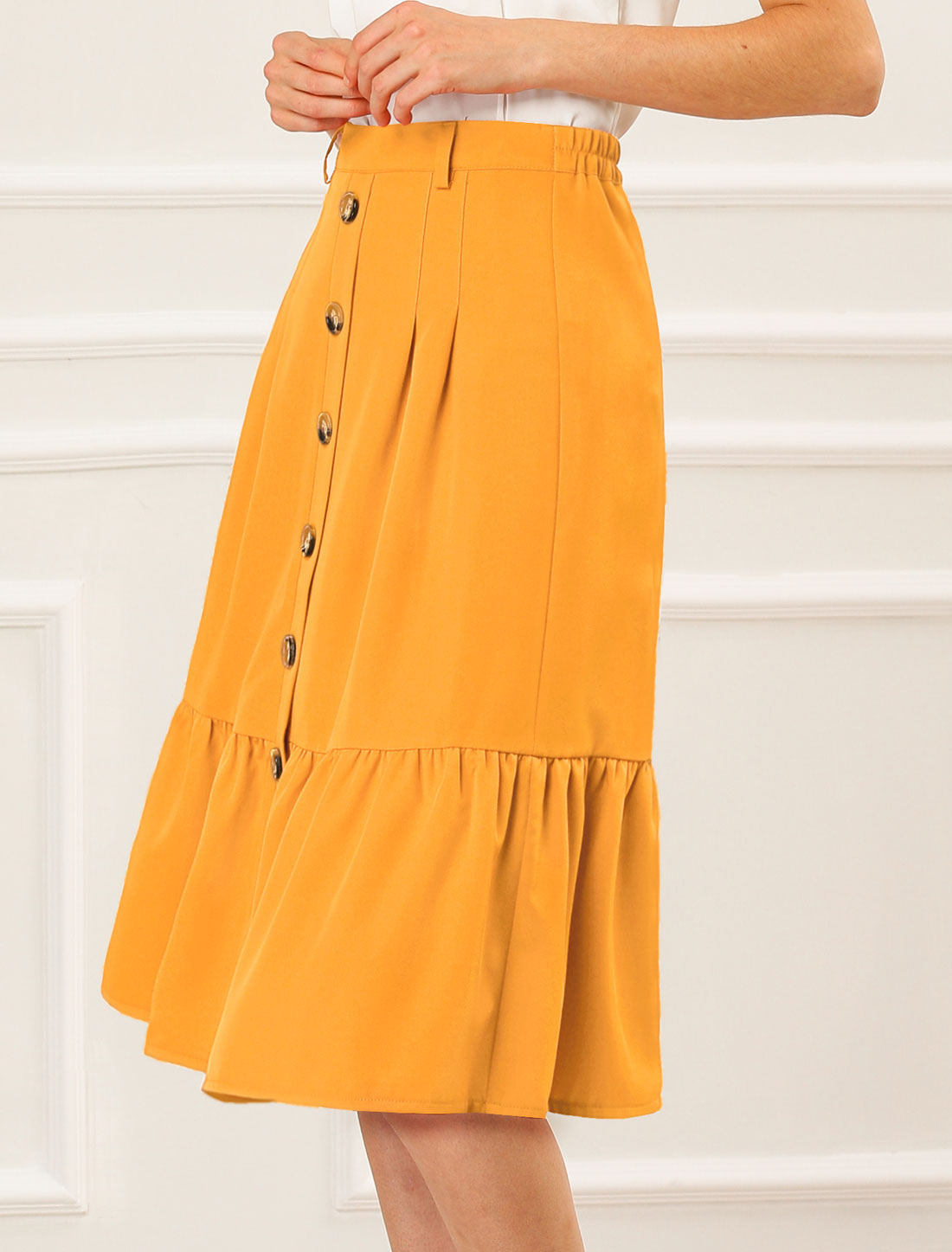 Women's Retro Button Front Tie Waist Flowy A-Line Chiffon Ruffle Midi Skirt