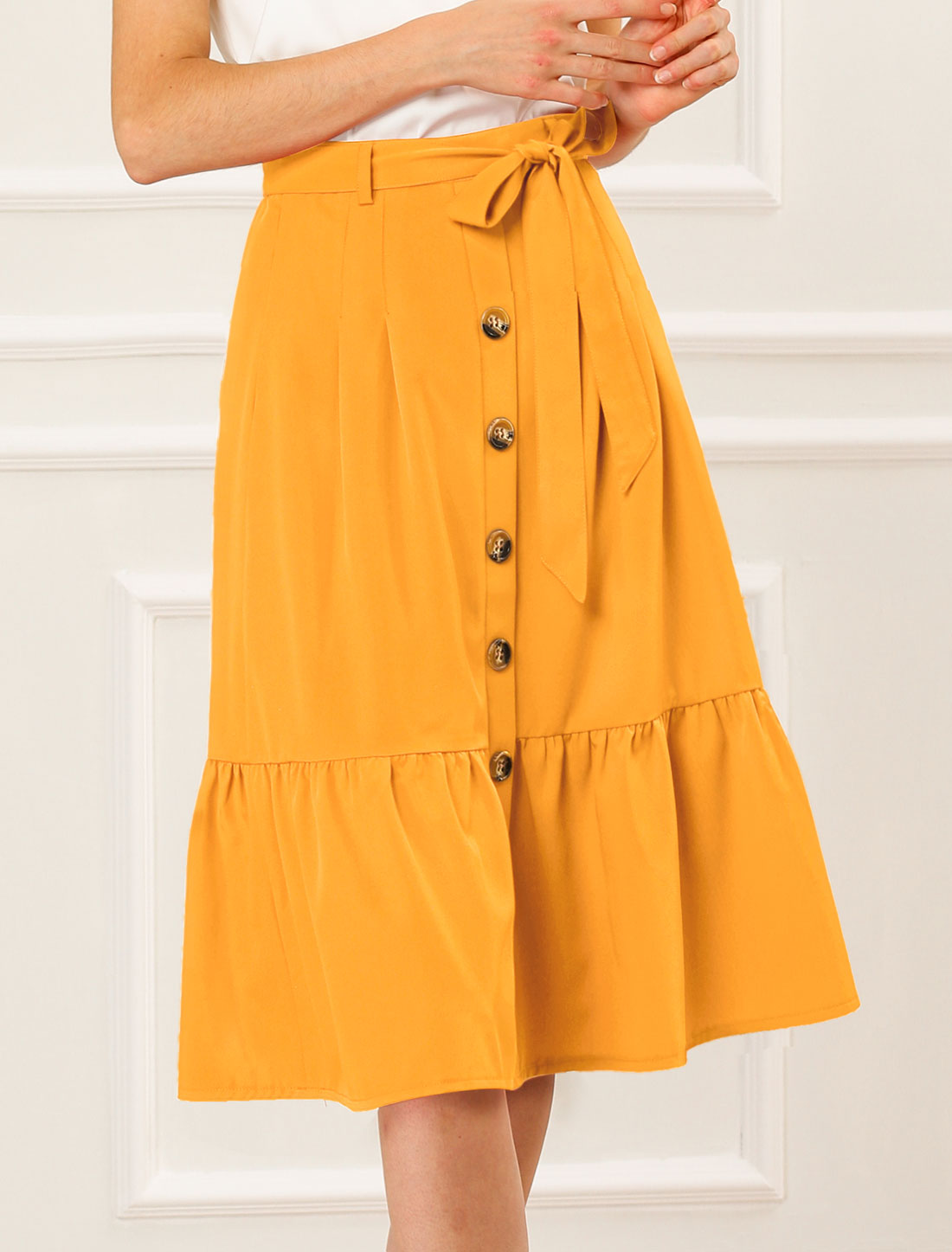 Women's Retro Button Front Tie Waist Flowy A-Line Chiffon Ruffle Midi Skirt