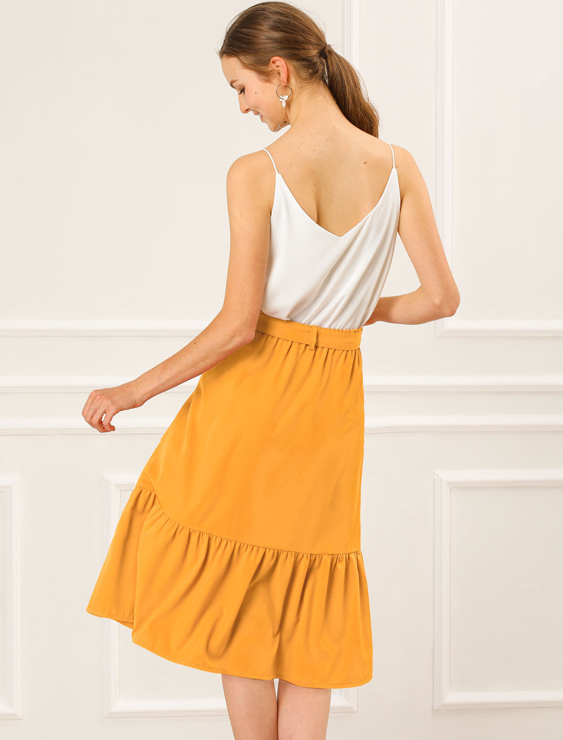 Women's Retro Button Front Tie Waist Flowy A-Line Chiffon Ruffle Midi Skirt