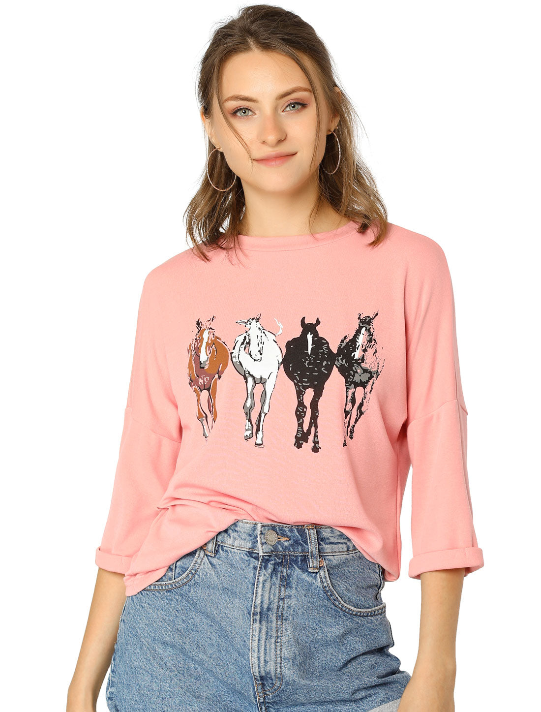 Women's Drop Shoulder 3/4 Sleeves Horse Print Loose Top