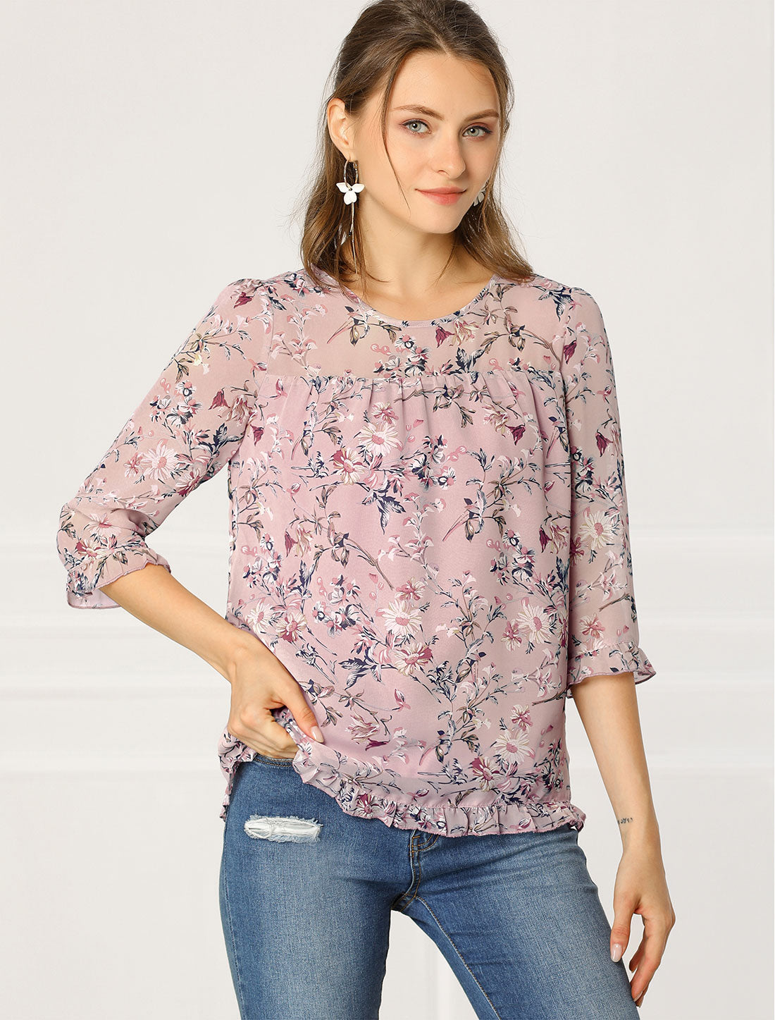 Women's Casual Ruffle 3/4 Sleeve Floral Print Chiffon Blouse (Available in Plus Size)