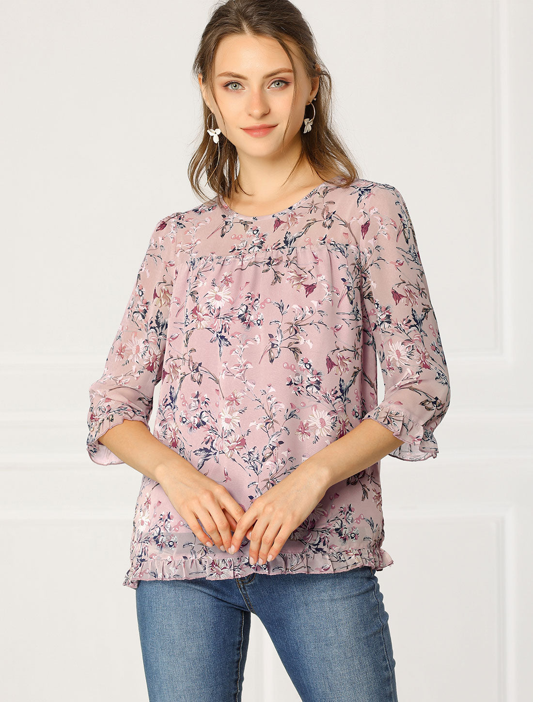 Women's Casual Ruffle 3/4 Sleeve Floral Print Chiffon Blouse (Available in Plus Size)