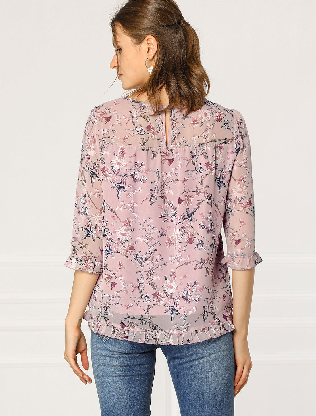 Women's Casual Ruffle 3/4 Sleeve Floral Print Chiffon Blouse (Available in Plus Size)