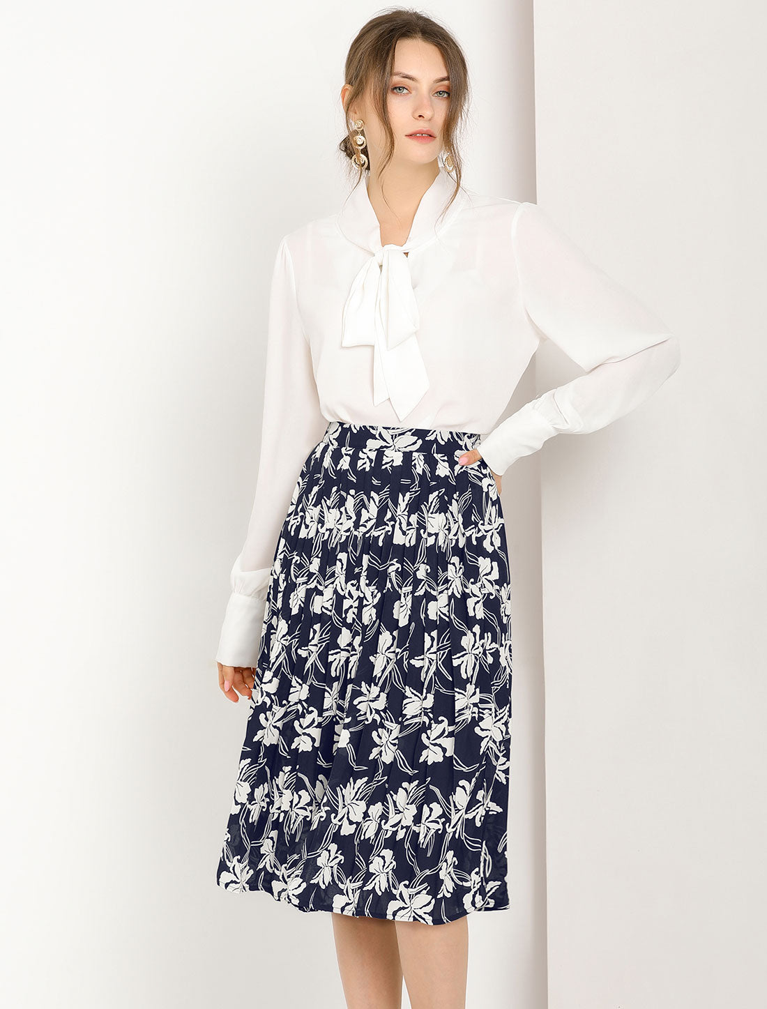 Falda midi plisada con cintura elástica y estampado floral para oficina de mujer