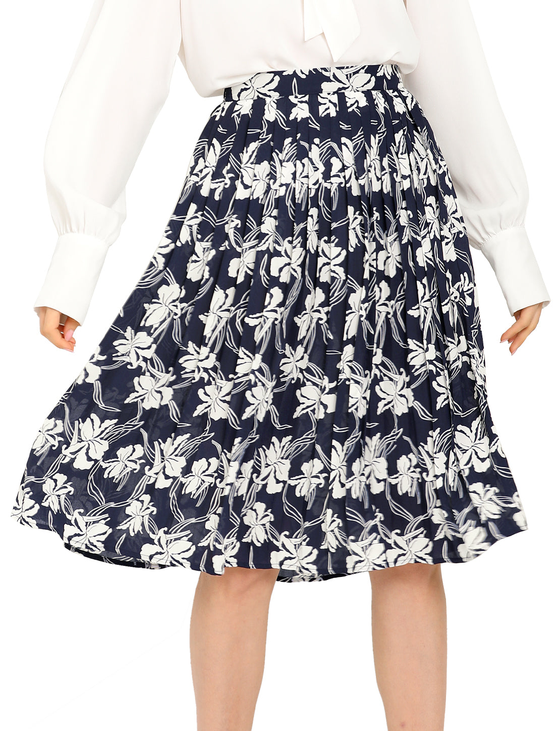 Falda midi plisada con cintura elástica y estampado floral para oficina de mujer