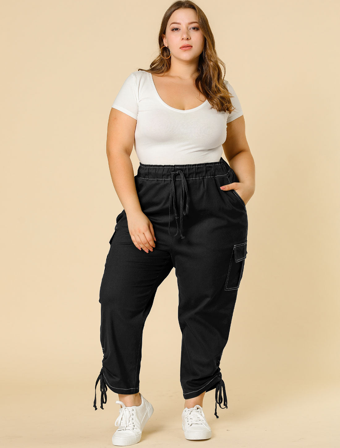 Women's Plus Size Drawstring Elastic Waist Cargo Pants with Pocket