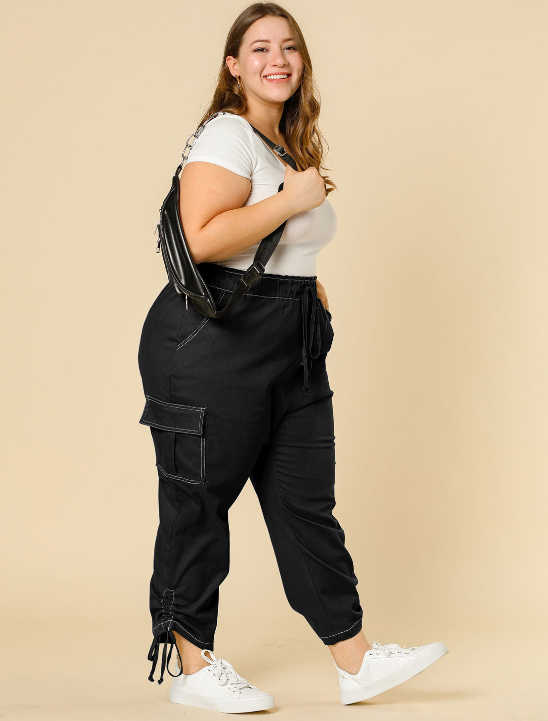 Women's Plus Size Drawstring Elastic Waist Cargo Pants with Pocket